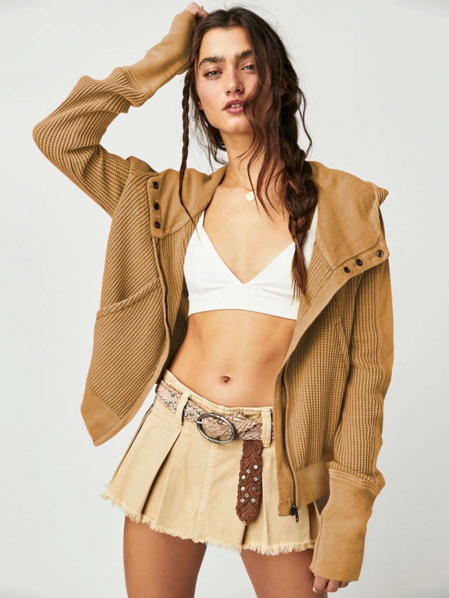 Waffle - Knit Dropped Shoulder Hooded Jacket - Outerwear