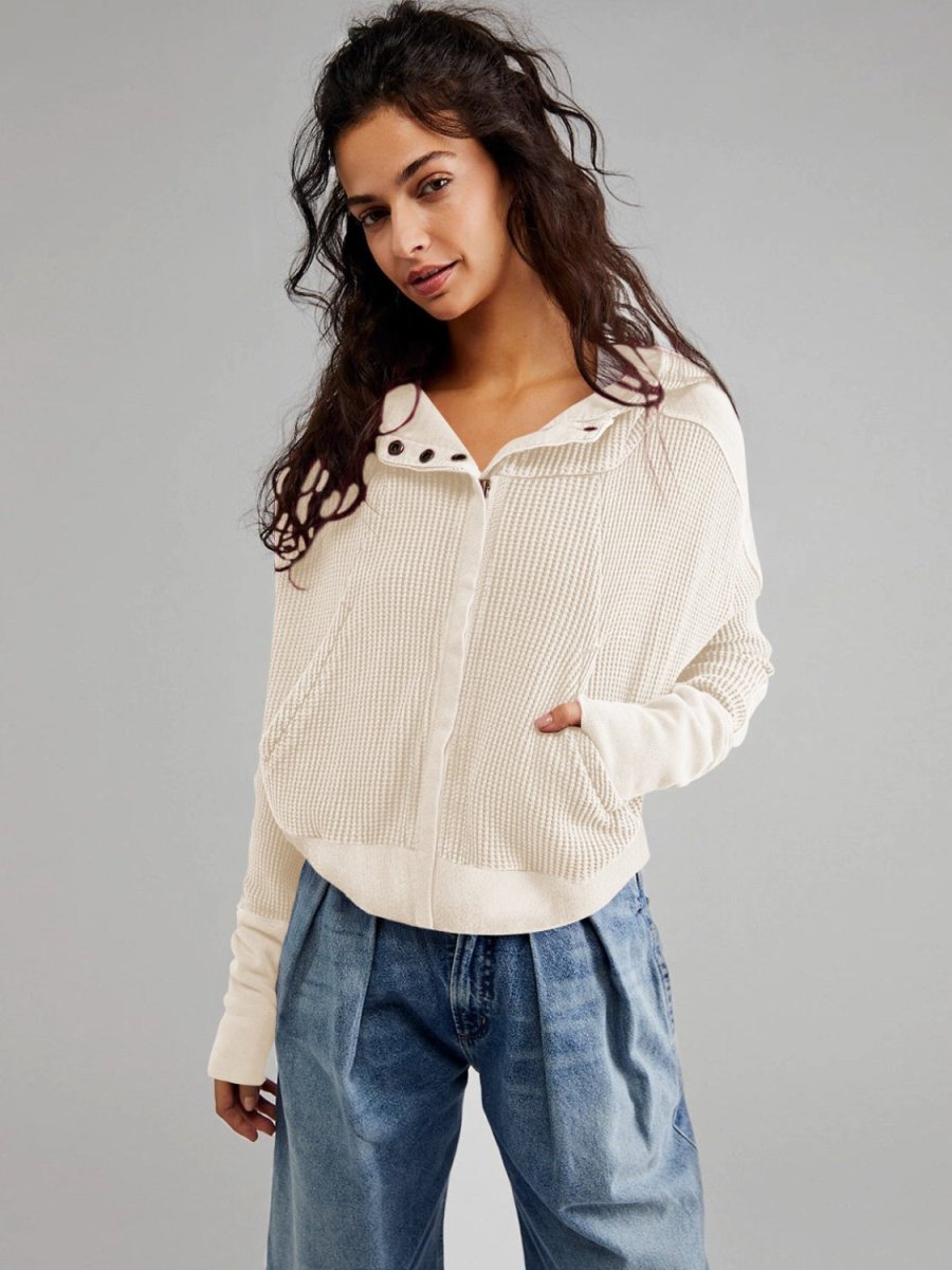 Waffle - Knit Dropped Shoulder Hooded Jacket - Outerwear