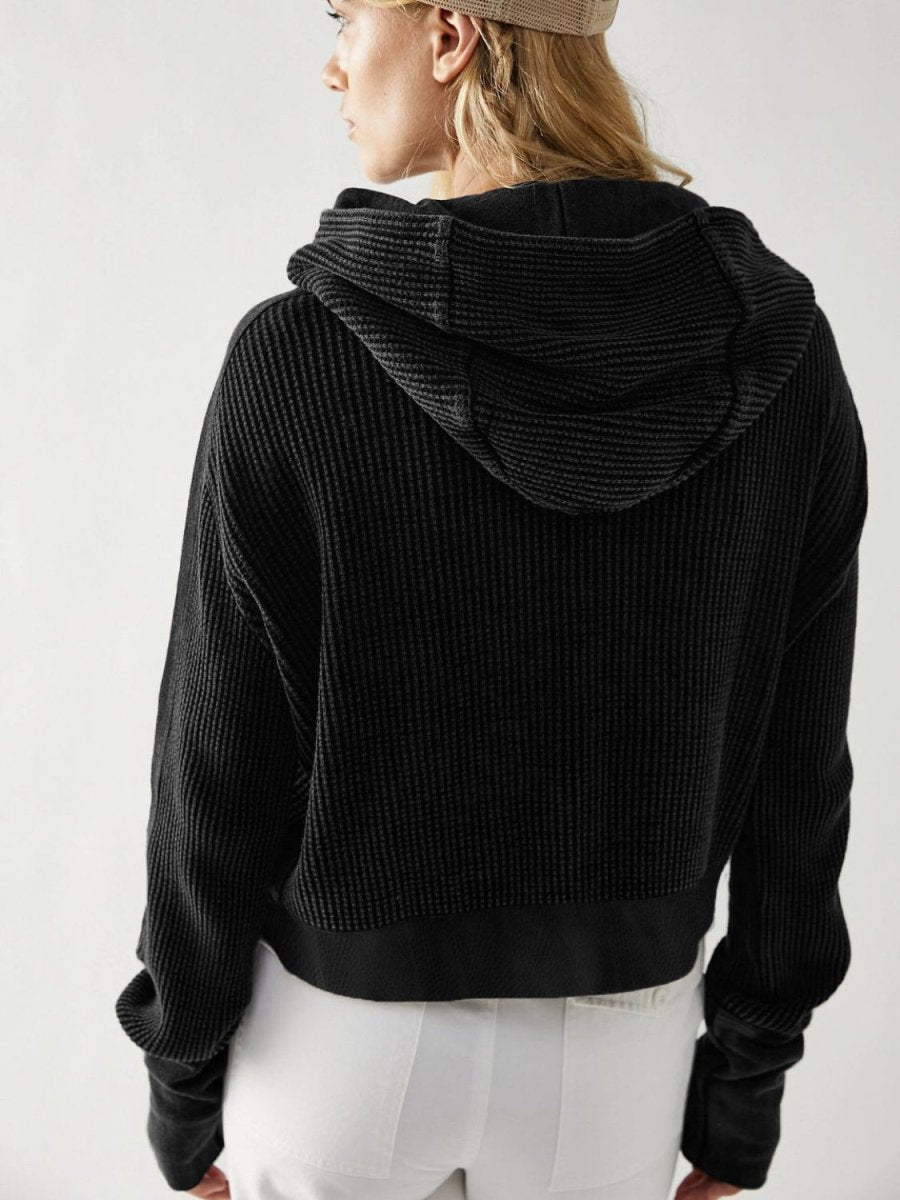 Waffle - Knit Dropped Shoulder Hooded Jacket - Outerwear