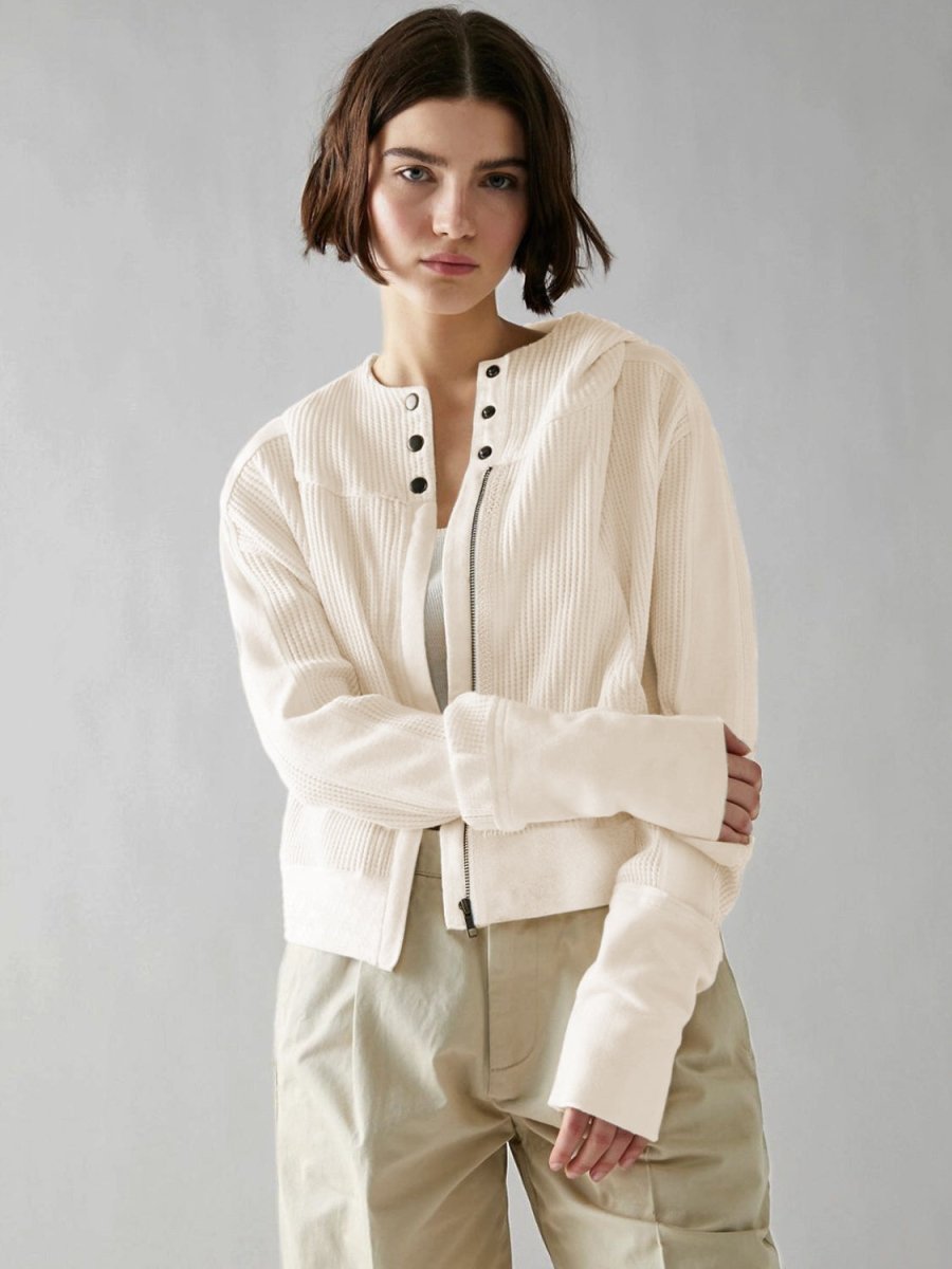 Waffle - Knit Dropped Shoulder Hooded Jacket - Outerwear