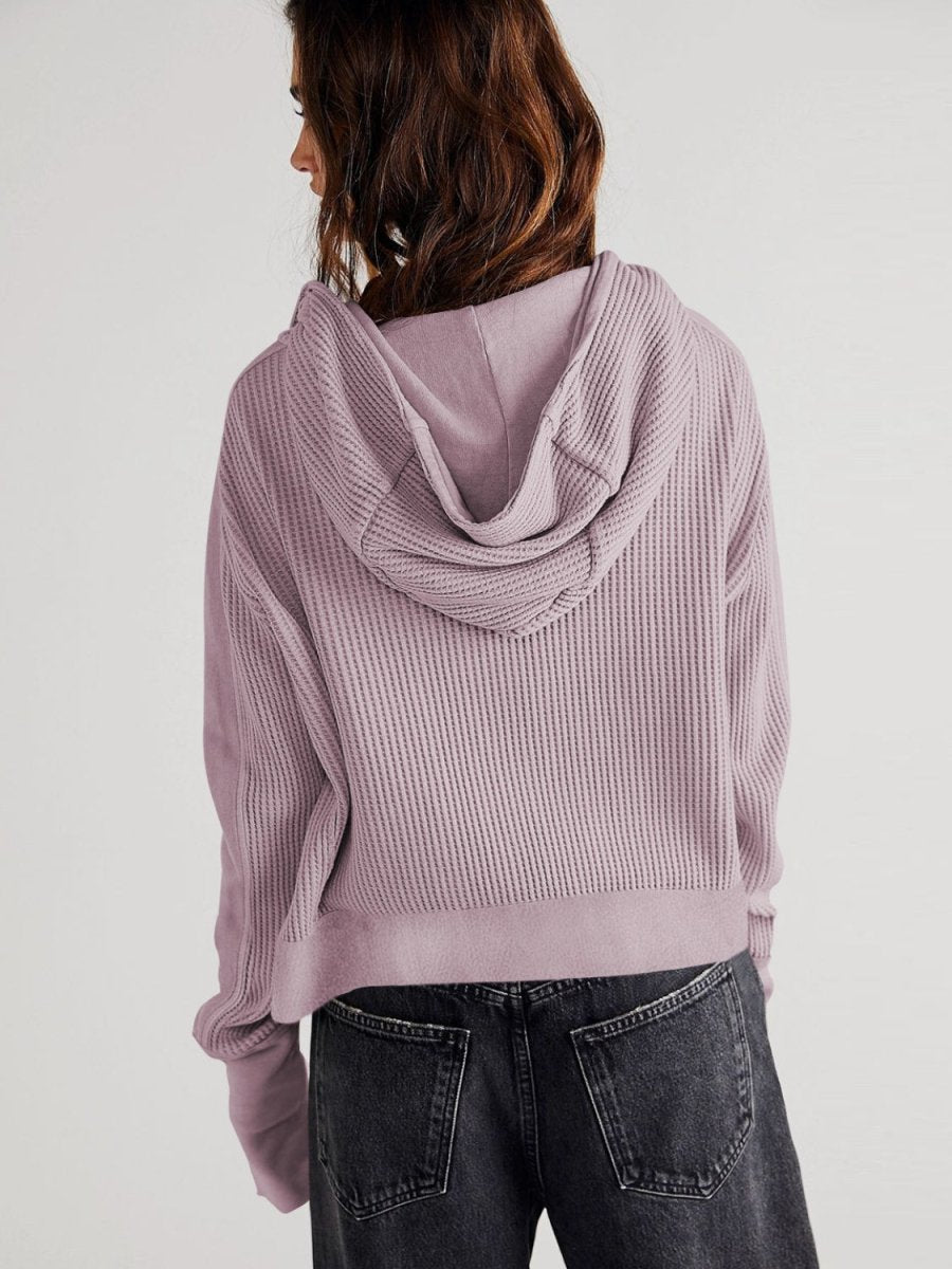 Waffle - Knit Dropped Shoulder Hooded Jacket - Outerwear