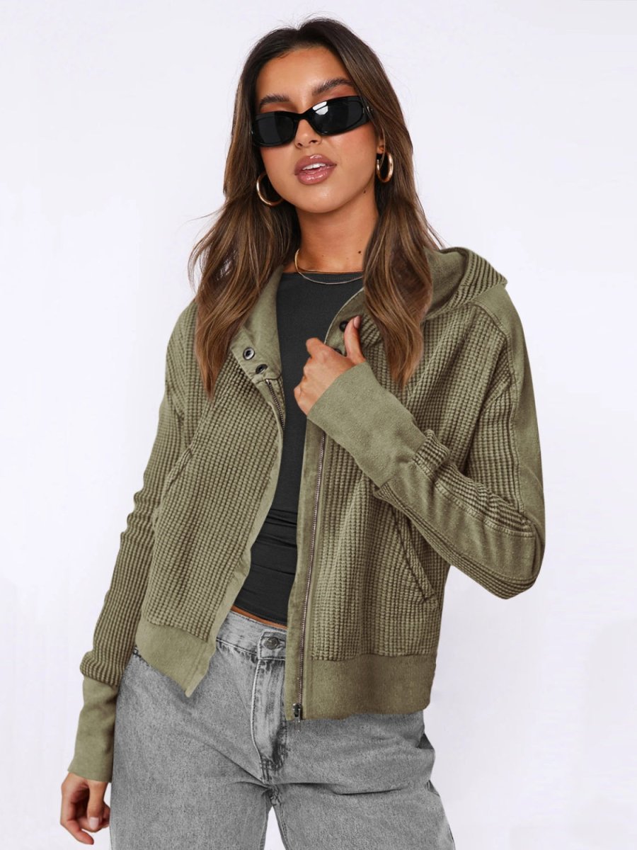 Waffle - Knit Dropped Shoulder Hooded Jacket - Outerwear