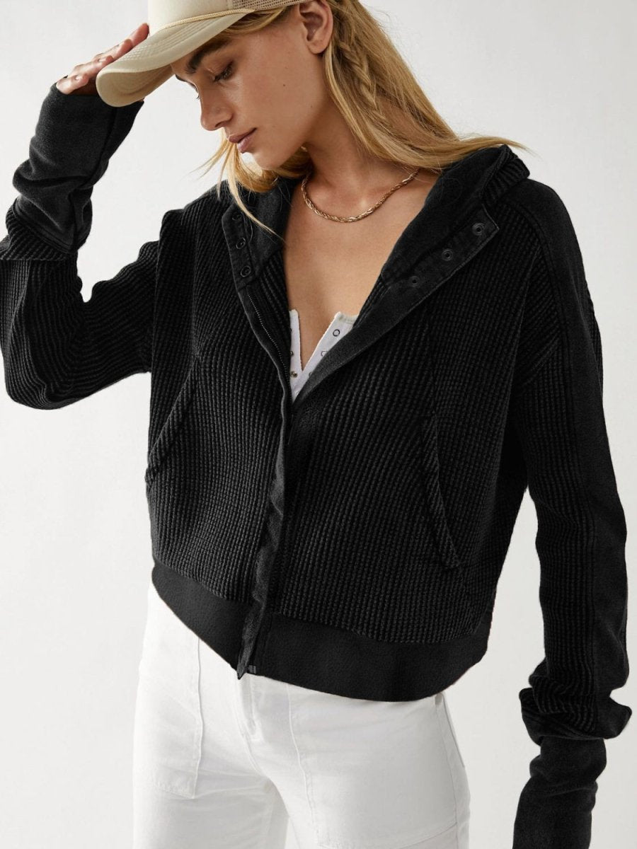 Waffle - Knit Dropped Shoulder Hooded Jacket - Outerwear