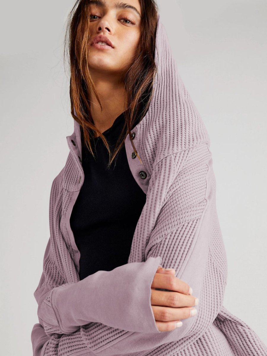 Waffle - Knit Dropped Shoulder Hooded Jacket - Outerwear