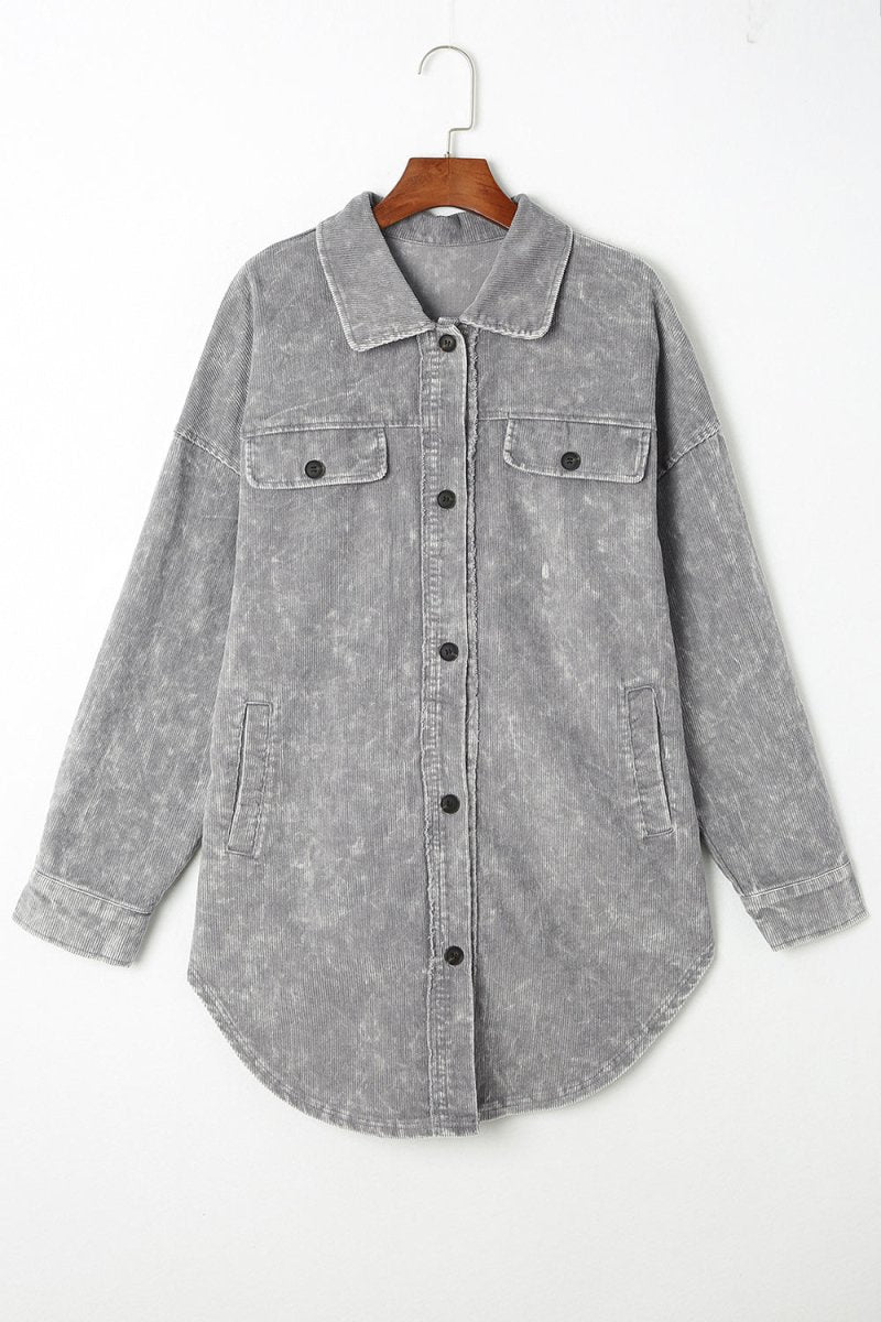 Washed Button Down Dropped Shoulder Jacket - Outerwear