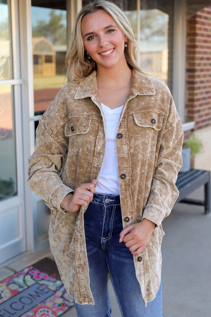 Washed Button Down Dropped Shoulder Jacket - Outerwear