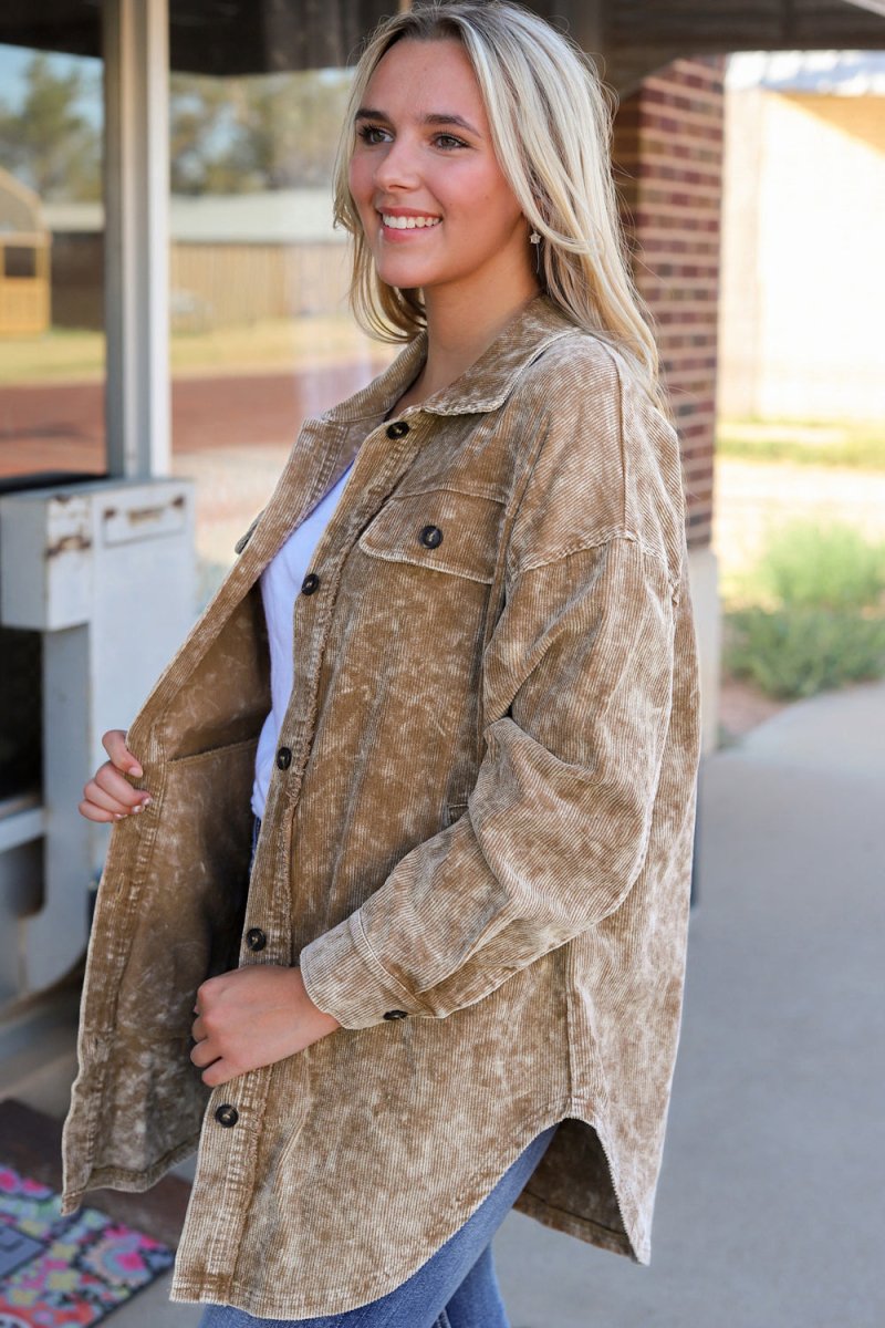 Washed Button Down Dropped Shoulder Jacket - Outerwear