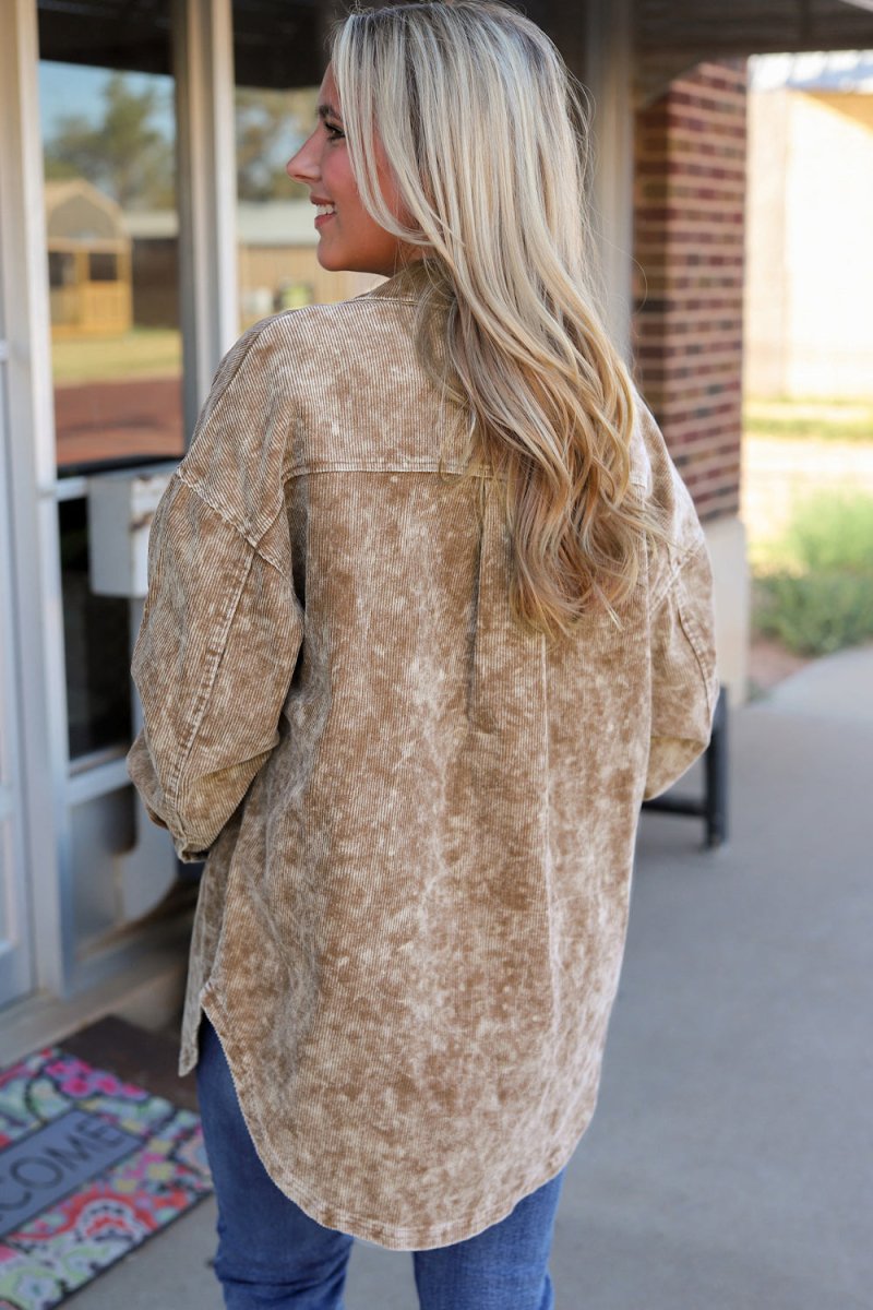 Washed Button Down Dropped Shoulder Jacket - Outerwear