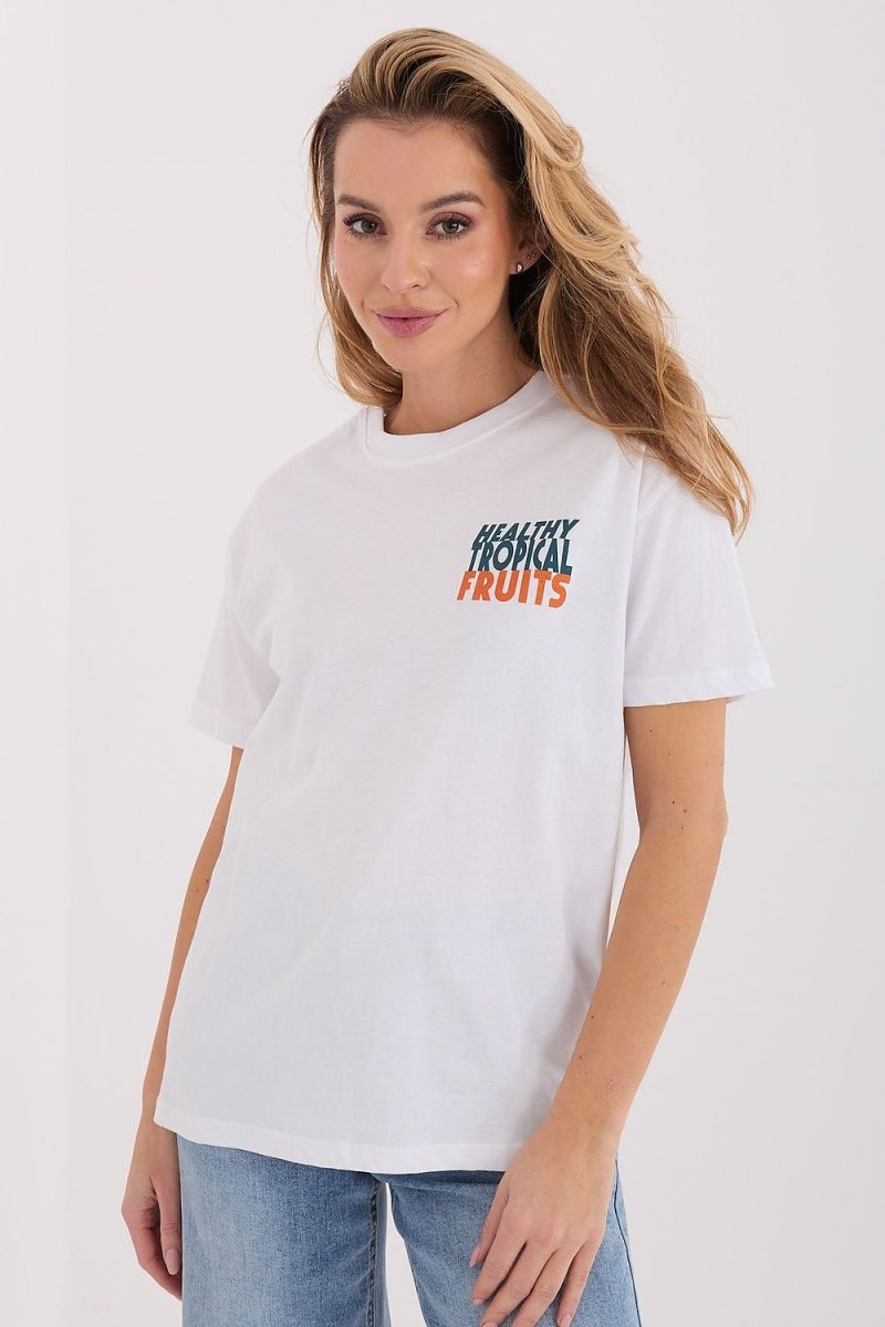 White Cotton T-Shirt with Chest Print - 