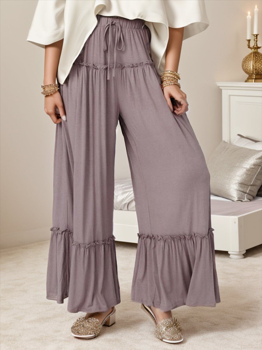 Wide Leg Ruffle Trim Pants - Bottoms
