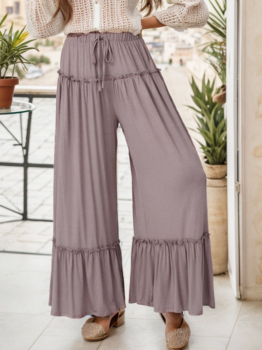 Wide Leg Ruffle Trim Pants - Bottoms