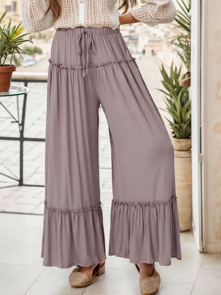 Wide Leg Ruffle Trim Pants - Bottoms