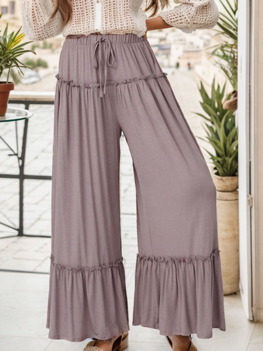 Wide Leg Ruffle Trim Pants - Bottoms