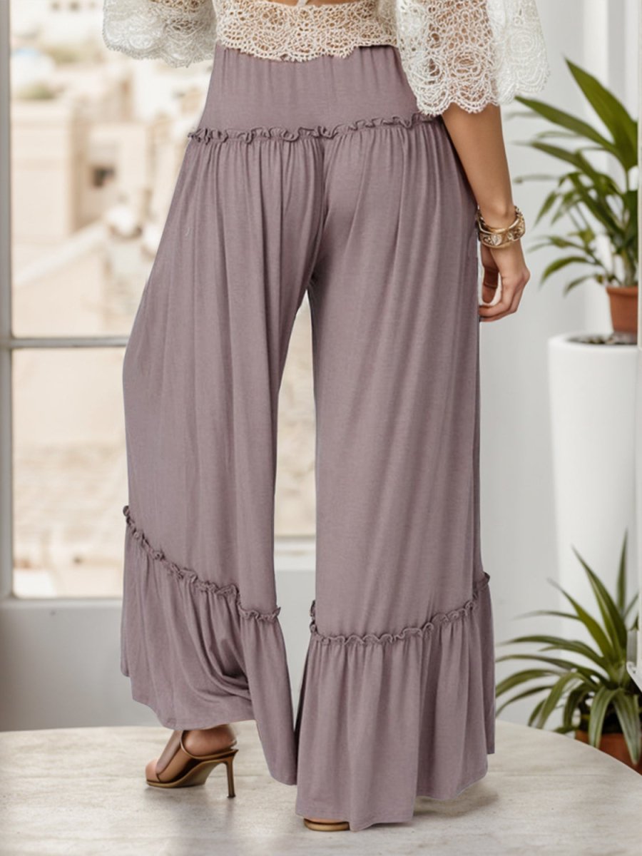 Wide Leg Ruffle Trim Pants - Bottoms