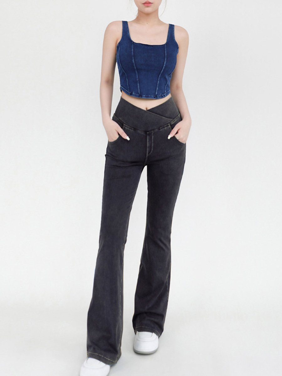 Wide Waistband Bootcut Jeans with Pockets - Bottoms