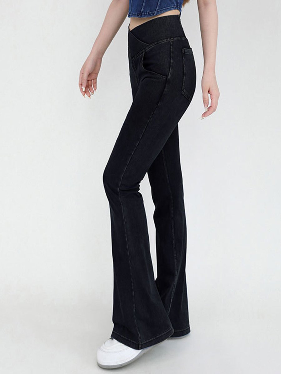 Wide Waistband Bootcut Jeans with Pockets - Bottoms