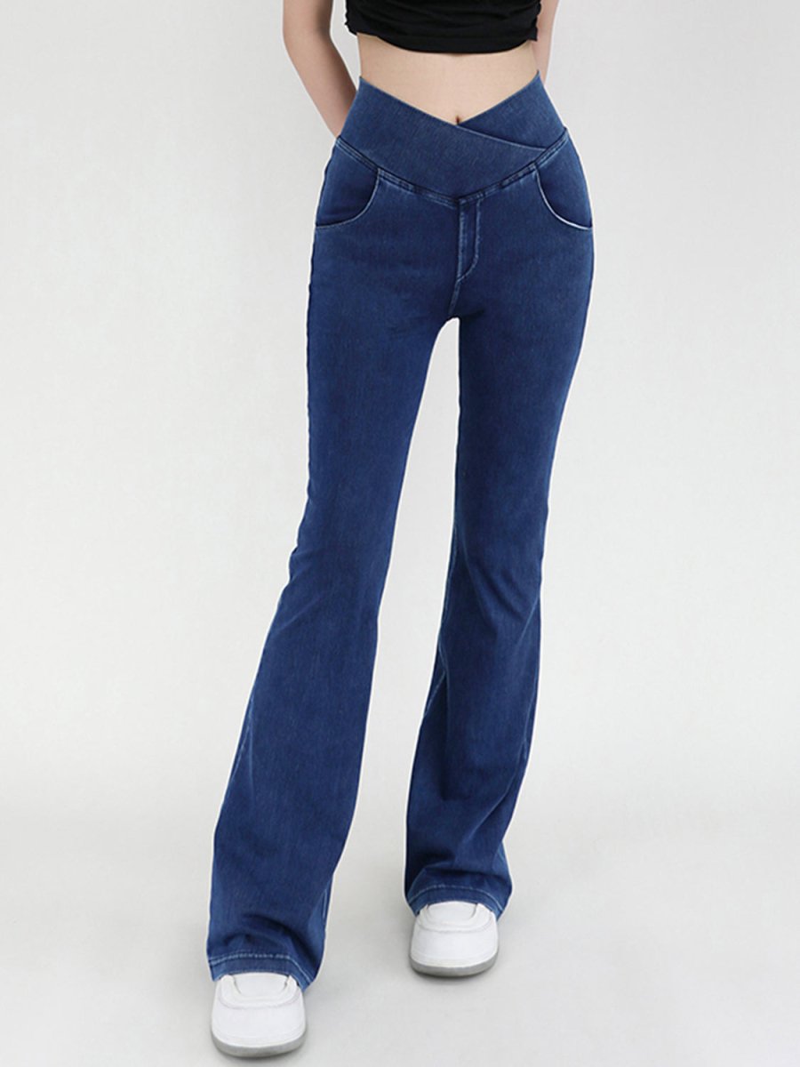 Wide Waistband Bootcut Jeans with Pockets - Bottoms