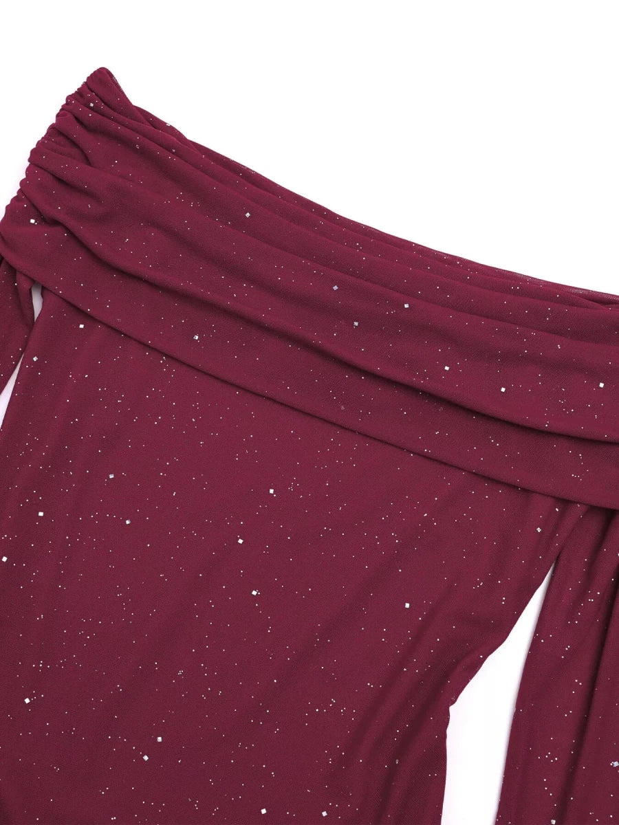 Wine Red Glitter Off - Shoulder Maxi Dress - 