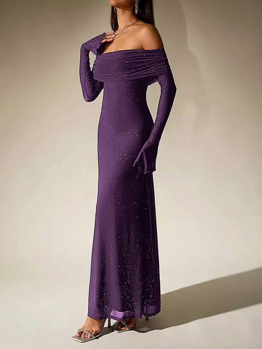 Wine Red Glitter Off - Shoulder Maxi Dress - 