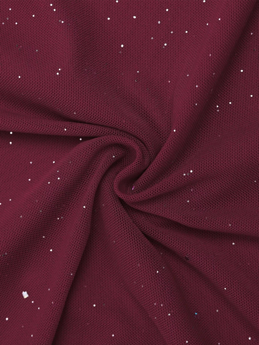 Wine Red Glitter Off - Shoulder Maxi Dress - 