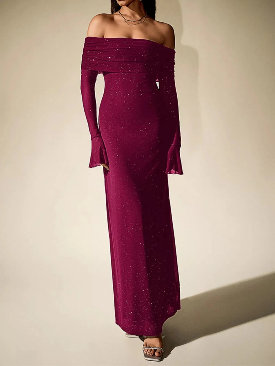 Wine Red Glitter Off - Shoulder Maxi Dress - 