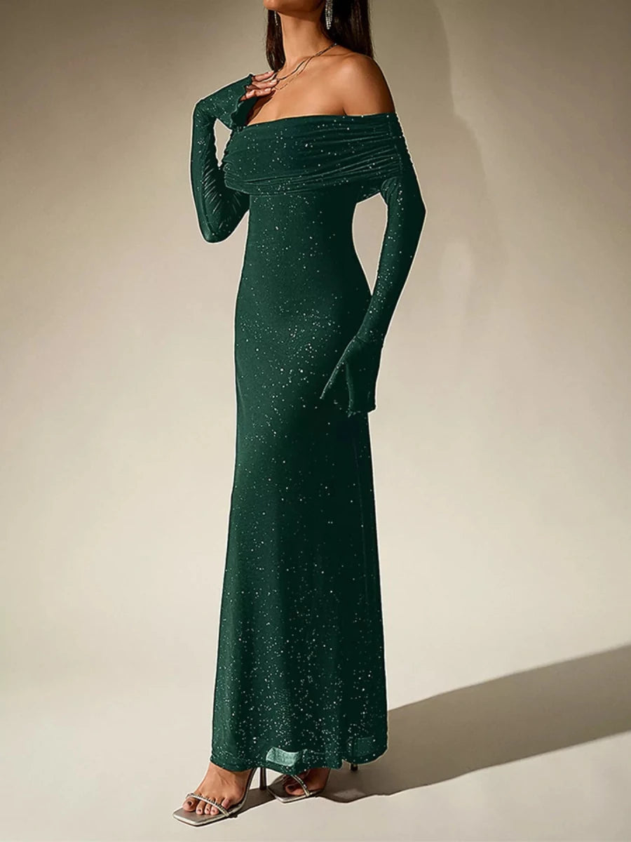 Wine Red Glitter Off - Shoulder Maxi Dress - 