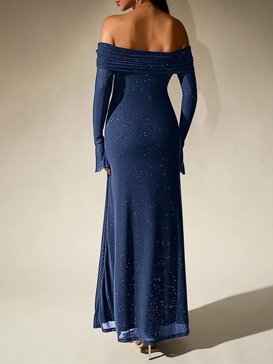 Wine Red Glitter Off - Shoulder Maxi Dress - 
