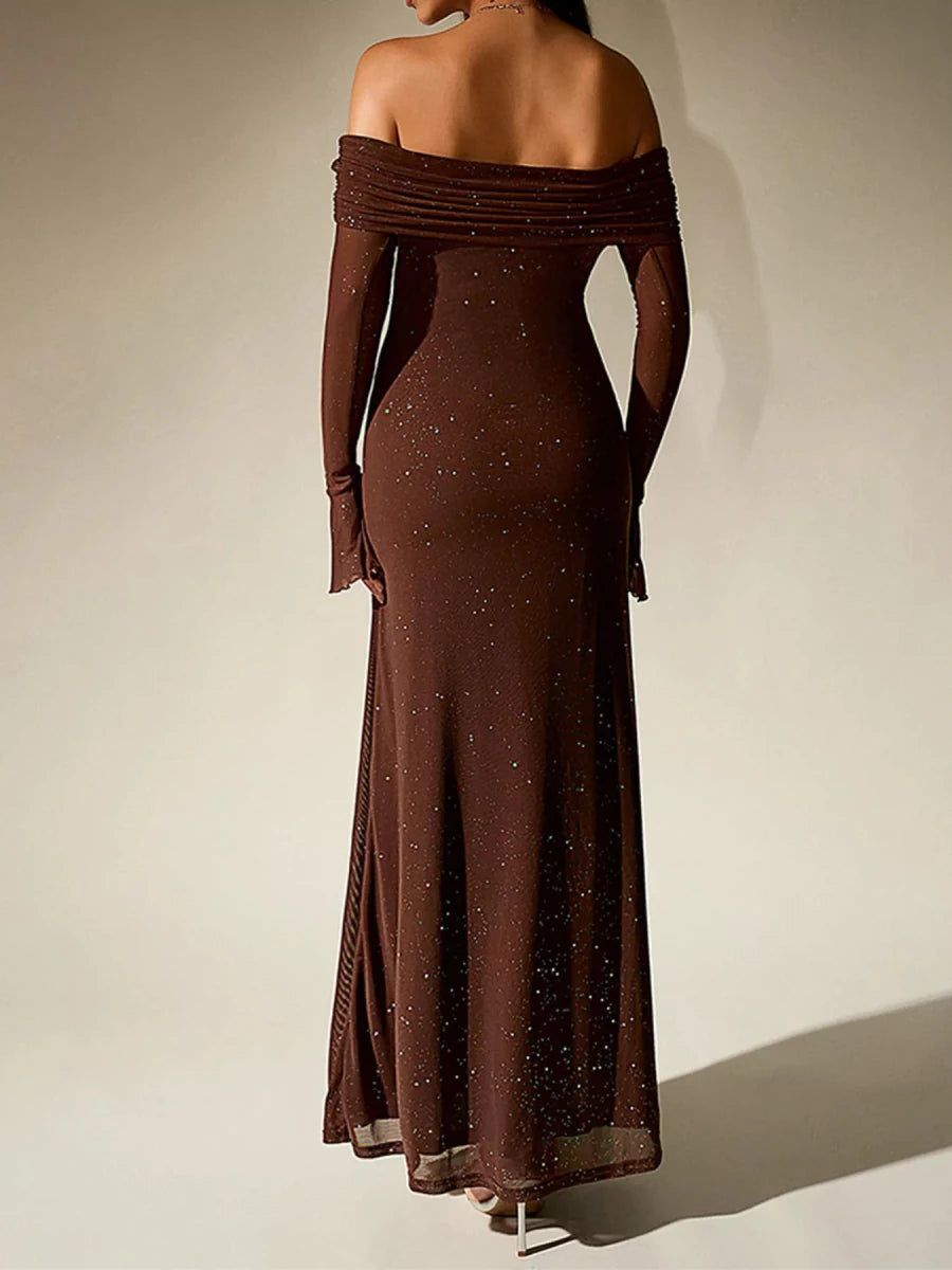 Wine Red Glitter Off - Shoulder Maxi Dress - 