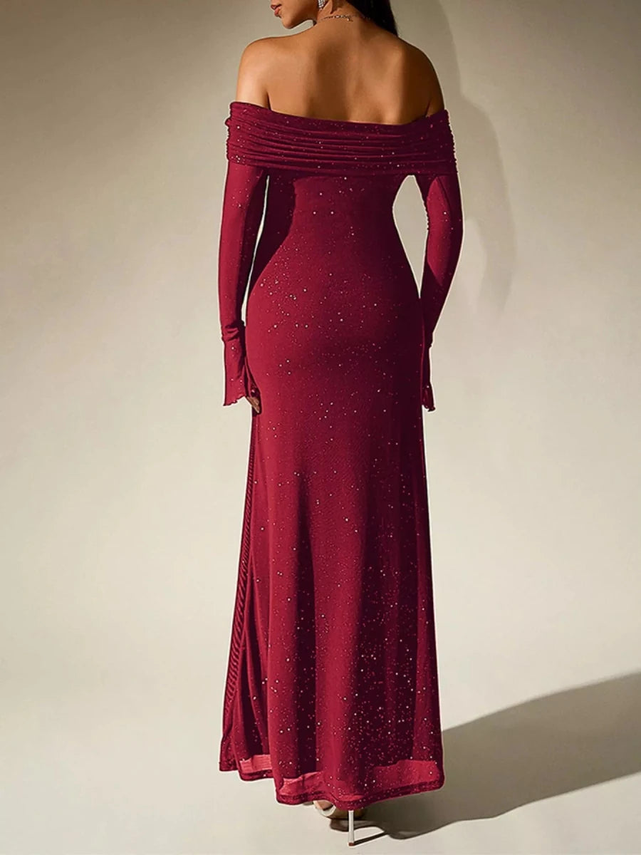 Wine Red Glitter Off - Shoulder Maxi Dress - 