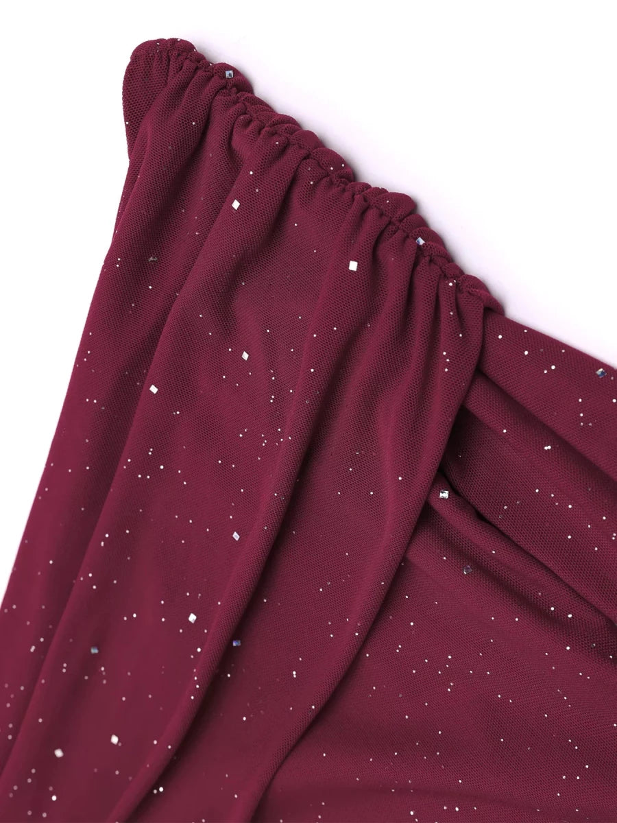 Wine Red Glitter Off - Shoulder Maxi Dress - 