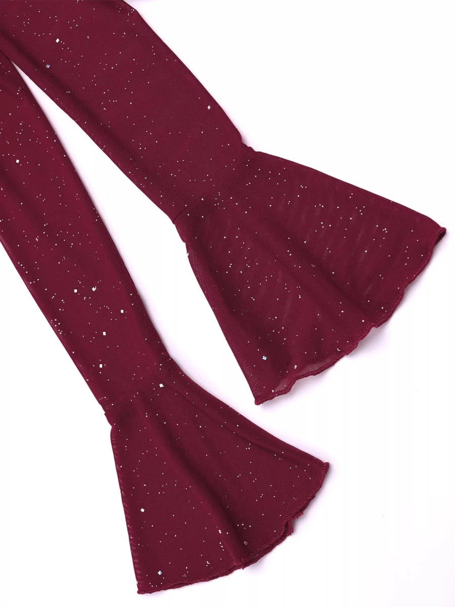Wine Red Glitter Off - Shoulder Maxi Dress - 