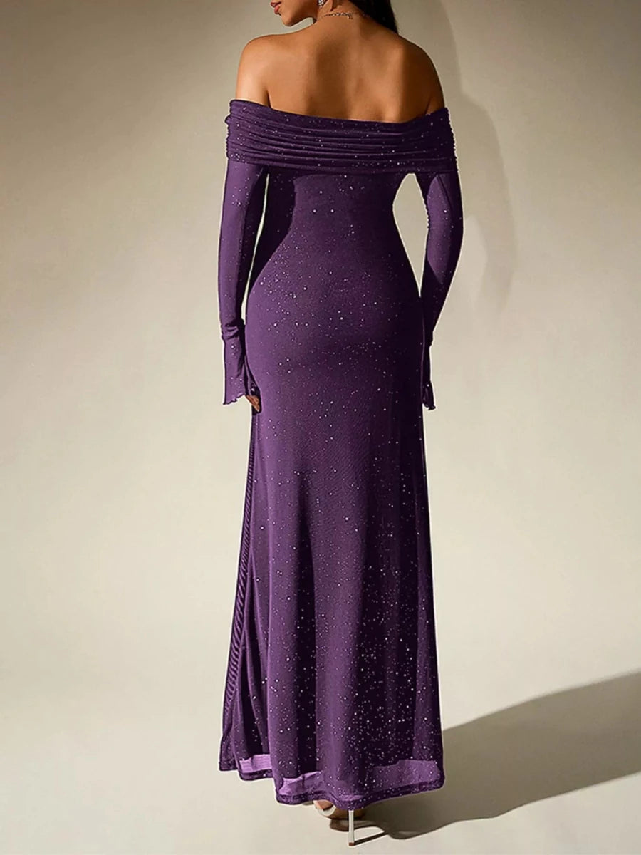 Wine Red Glitter Off - Shoulder Maxi Dress - 