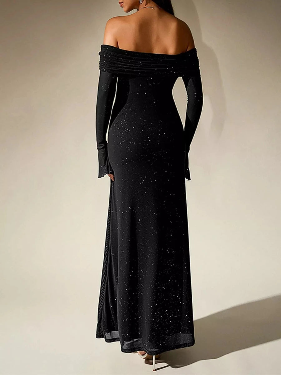 Wine Red Glitter Off - Shoulder Maxi Dress - 