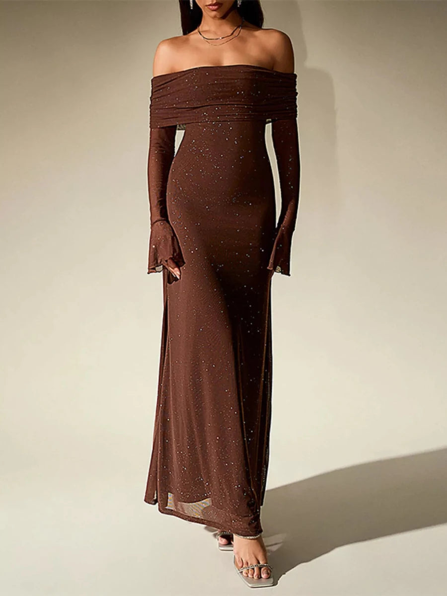 Wine Red Glitter Off - Shoulder Maxi Dress - 
