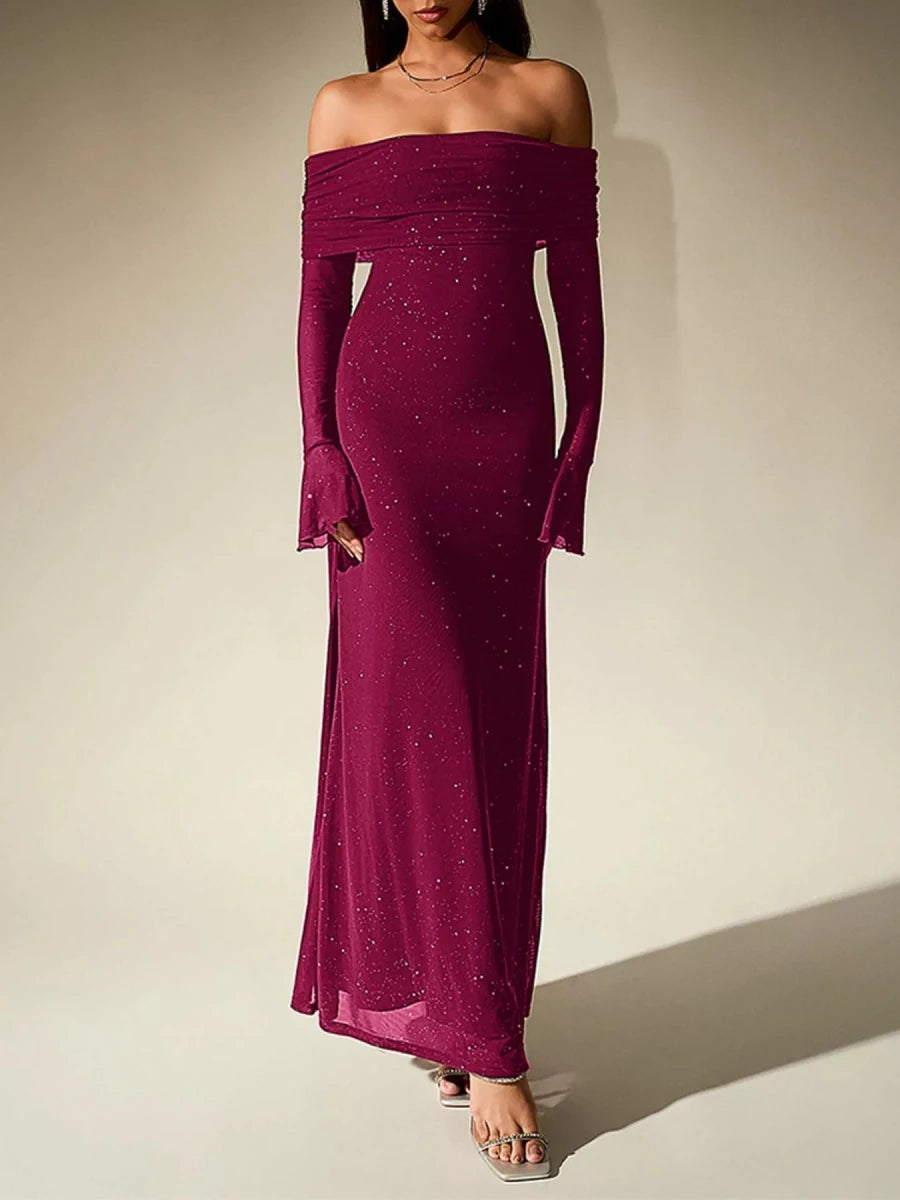 Wine Red Glitter Off - Shoulder Maxi Dress - 