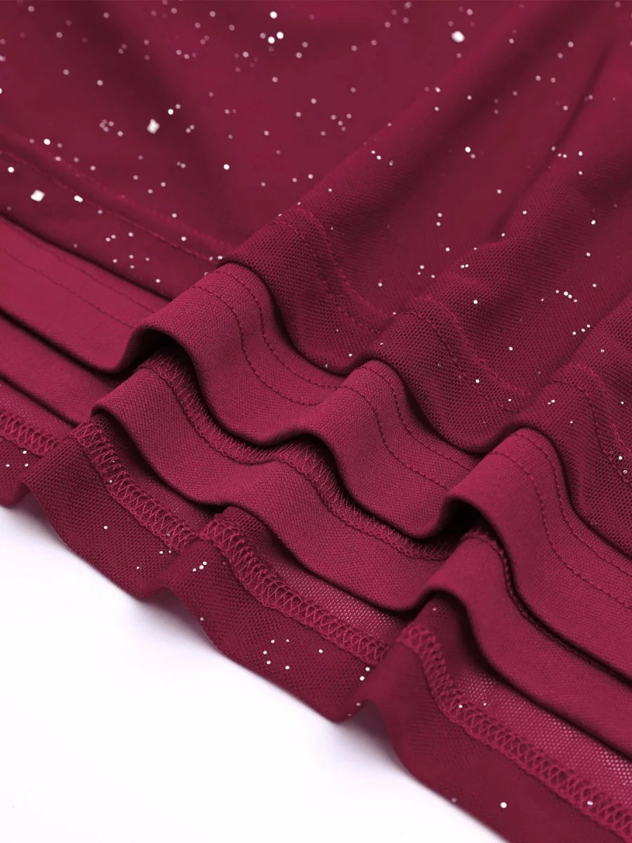 Wine Red Glitter Off - Shoulder Maxi Dress - 