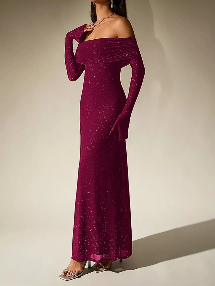 Wine Red Glitter Off - Shoulder Maxi Dress - 