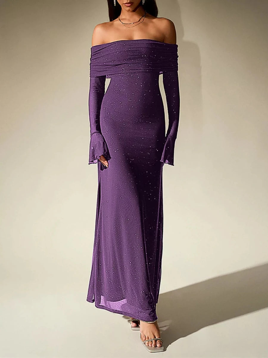 Wine Red Glitter Off - Shoulder Maxi Dress - 