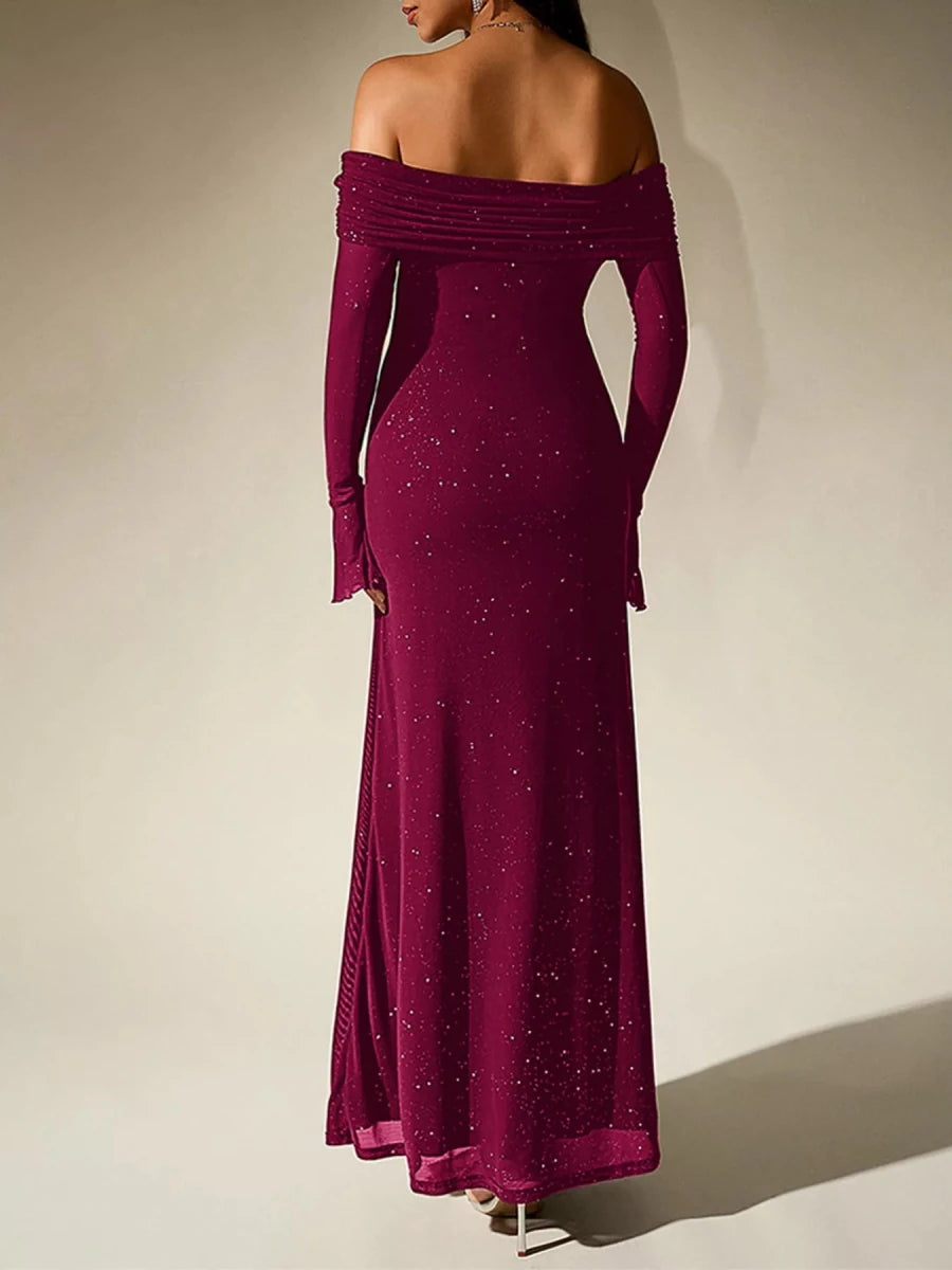 Wine Red Glitter Off - Shoulder Maxi Dress - 