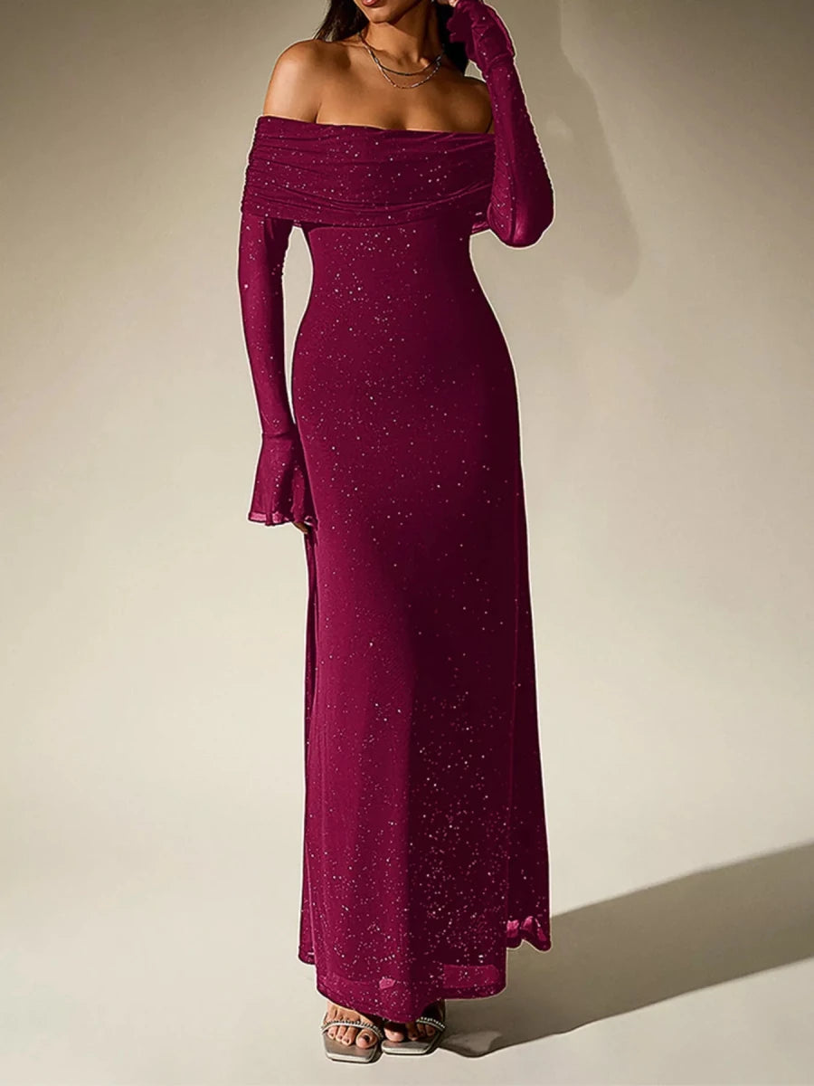 Wine Red Glitter Off - Shoulder Maxi Dress - 