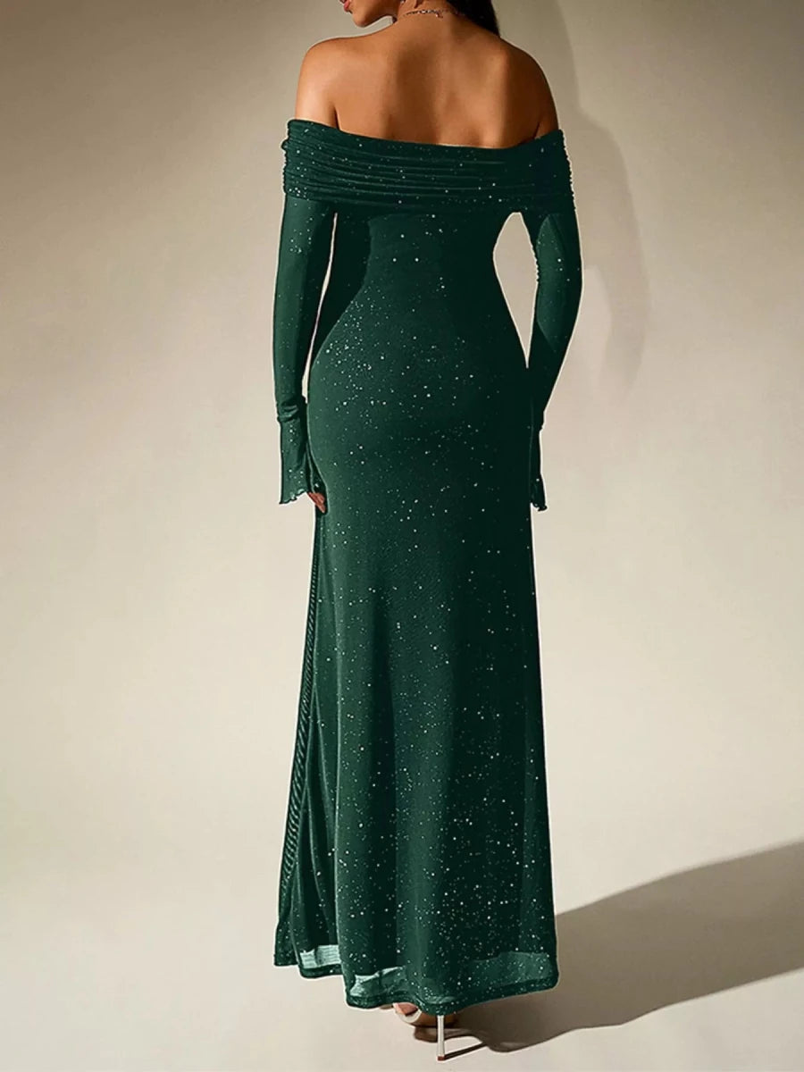 Wine Red Glitter Off - Shoulder Maxi Dress - 