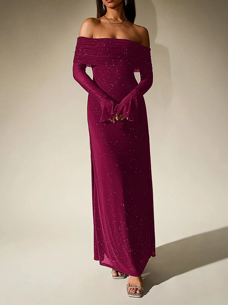 Wine Red Glitter Off - Shoulder Maxi Dress - 