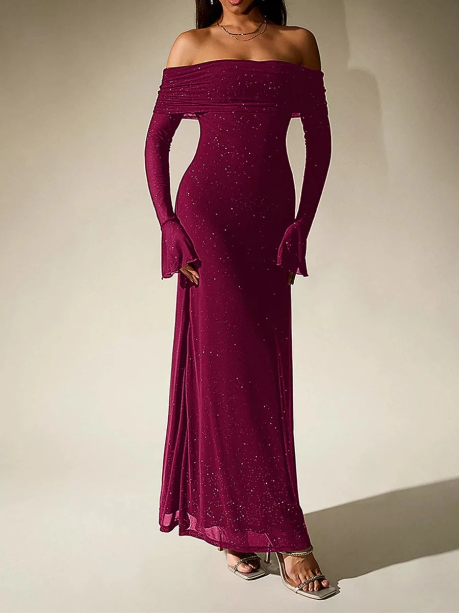 Wine Red Glitter Off - Shoulder Maxi Dress - 