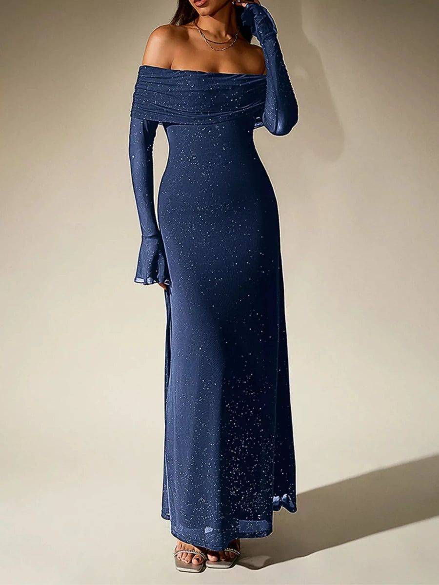 Wine Red Glitter Off - Shoulder Maxi Dress - 