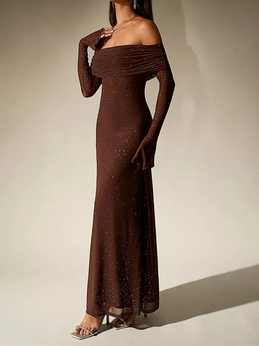 Wine Red Glitter Off - Shoulder Maxi Dress - 