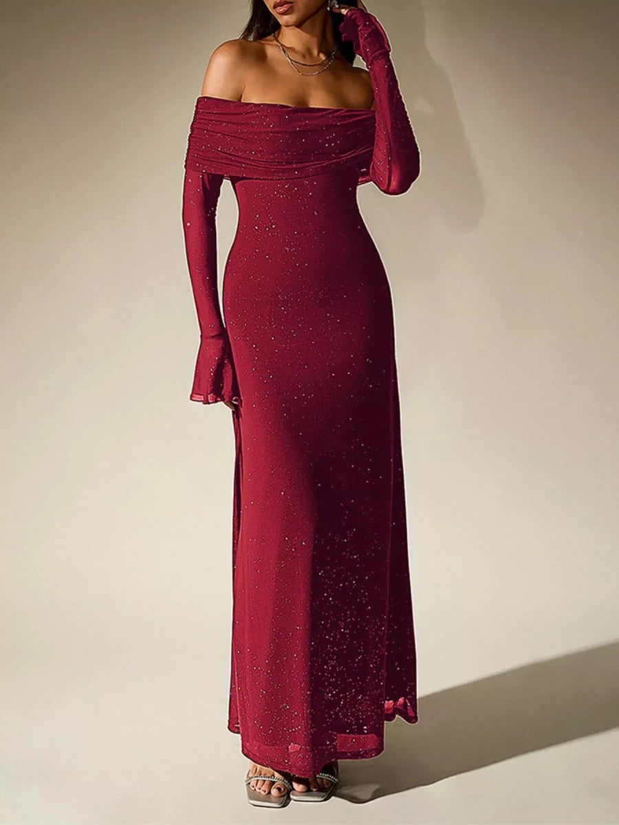 Wine Red Glitter Off - Shoulder Maxi Dress - 