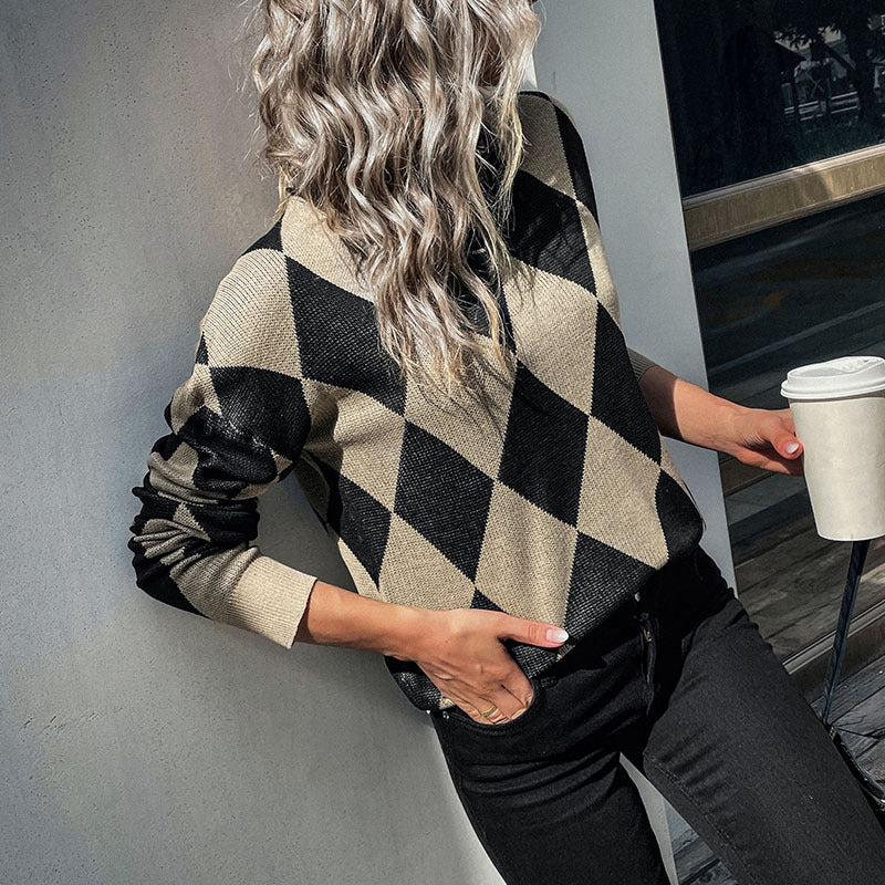 women's autumn and winter diamond long sleeve sweater - Outerwear