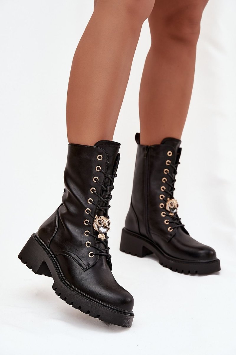 Women's Black Eco Leather Block Heel Boots - 