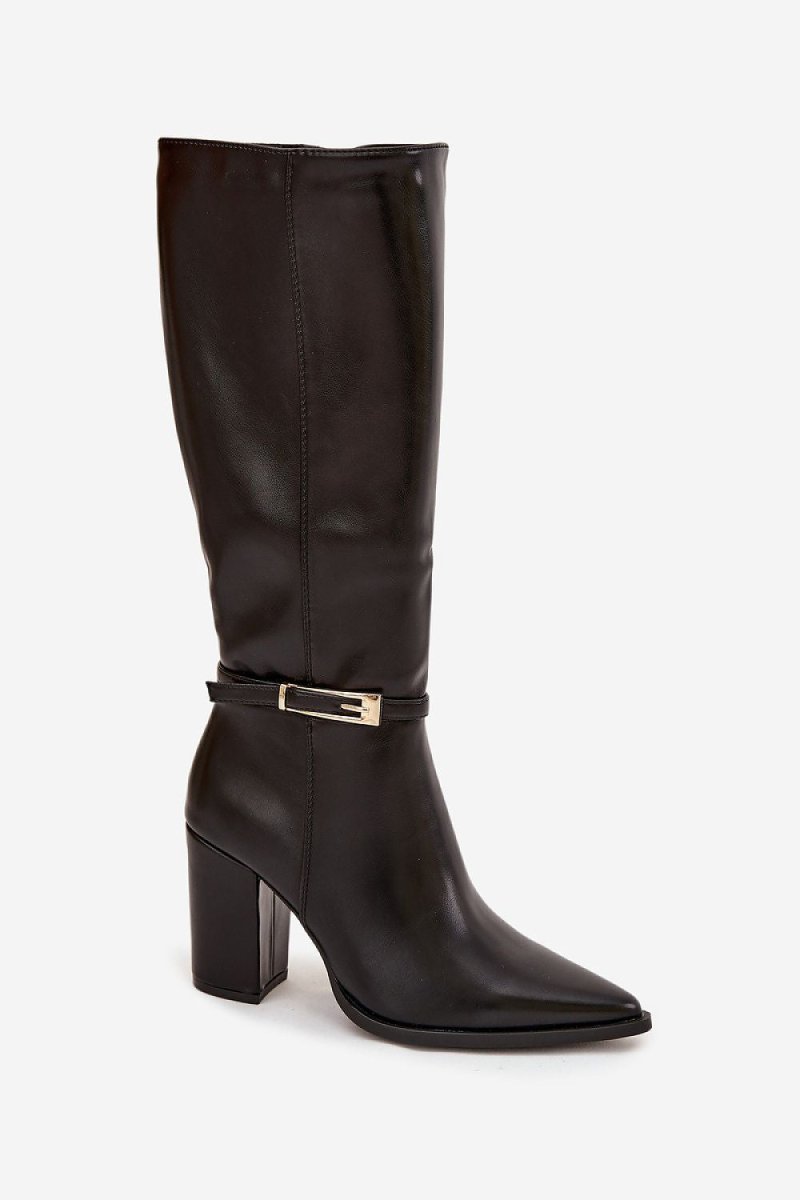 Women's Black Faux Leather Heel Boots - 