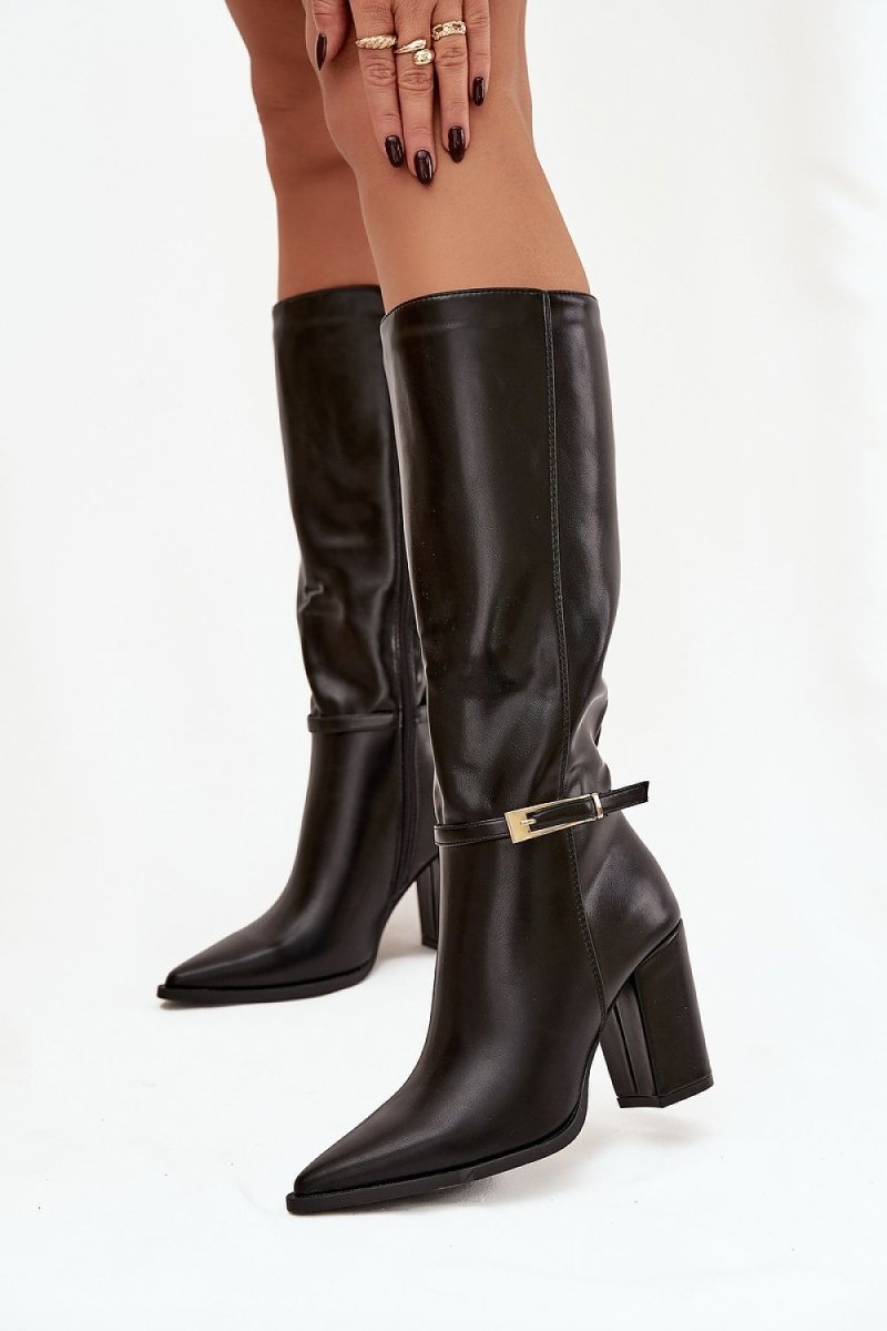 Women's Black Faux Leather Heel Boots - 